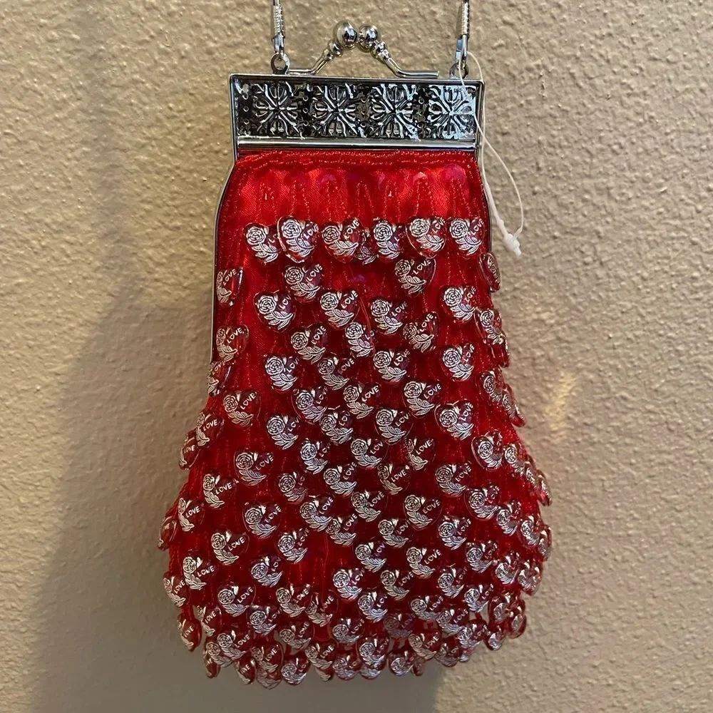 La viola Vintage Red Satin LOVE Beads with Hearts Long Chain Crossbody Purse